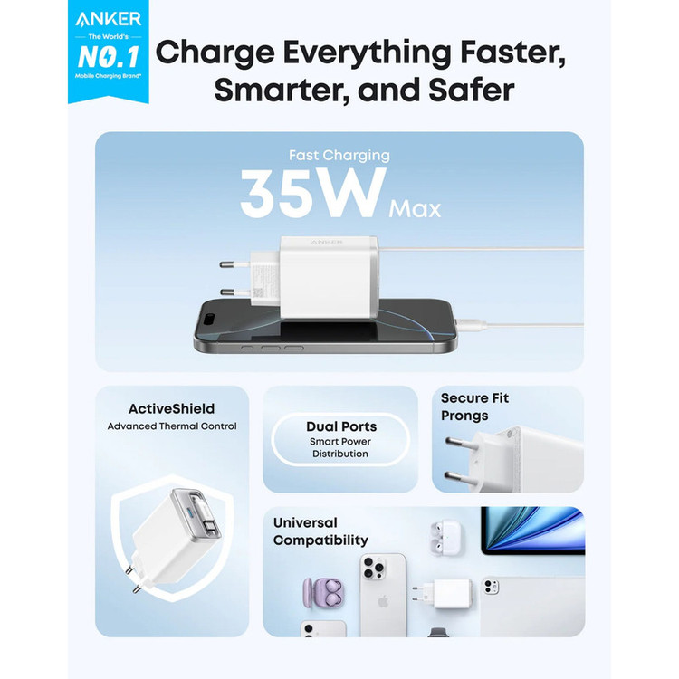 شارژر دیواری 35 وات انکر مدل A2658 به همراه کابل USB-C
