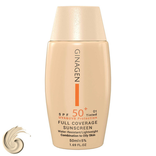 کرم ضد آفتاب رنگی ژیناژن، SPF 50، مدل 01، مناسب پوستهای چرب و مختلط با تنالیته روشن و حجم 50 میلیلیتر، ضد آب، محافظتکننده در برابر اشعههای UVA و UVB، ضد چروک، ضد لک و پیری، دارای فرمولاسیون مواد و املاح معدنی، با ماندگاری 2 ساعته