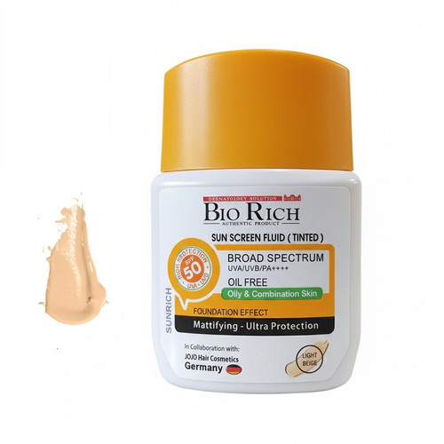 فلوئید ضد آفتاب رنگی بایوریچ SPF 50 مدل BROAD SPECTRUM محافظ UVA ،UVB و PA+++،مناسب برای پوست چرب و مختلط حجم 50 میلیلیتر