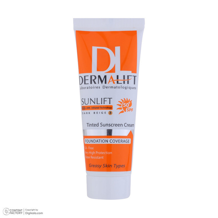 کرم ضد آفتاب رنگی درمالیفت مدل سانلیفت SPF 50 حاوی محافظ UVA و UVB، ضد آب، ضد پیری، ضد جوش و آکنه، مناسب پوست چرب حجم 40 میلیلیتر 