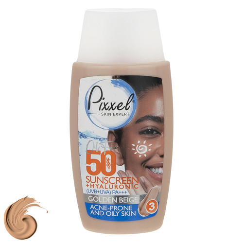 کرم ضد آفتاب رنگی پیکسل، SPF 50، مدل GOLDEN BEIGE، مناسب پوستهای آکنهدار و چرب با تنالیته تیره و حجم 50 میلیلیتر، محافظتکننده در برابر اشعههای UVA و PA ،UVB+++، ضد جوش و آکنه، دارای فرمولاسیون فاقد چربی و هیالورونیک اسید، با ماندگاری 2 ساعته