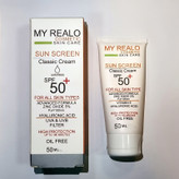 كرم ضدآفتاب بي رنگ دست،صورت،گردن،بدن مايرئالو SPF 50 مدل كلاسيك محافظ در برابر اشعه UVA و UVB مناسب براي انواع پوست حجم ٥٠ ميلي ليتر