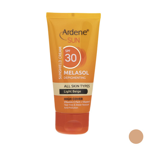 کرم ضد آفتاب رنگی آردن سان، SPF 30، مدل Light Beige، مناسب انواع پوست با تنالیته روشن و حجم 50 میلیلیتر، ضد آب، محافظتکننده در برابر اشعههای UVA و UVB، ضد لک، دارای فرمولاسیون ویتامینهای C و E، با ماندگاری 2 ساعته