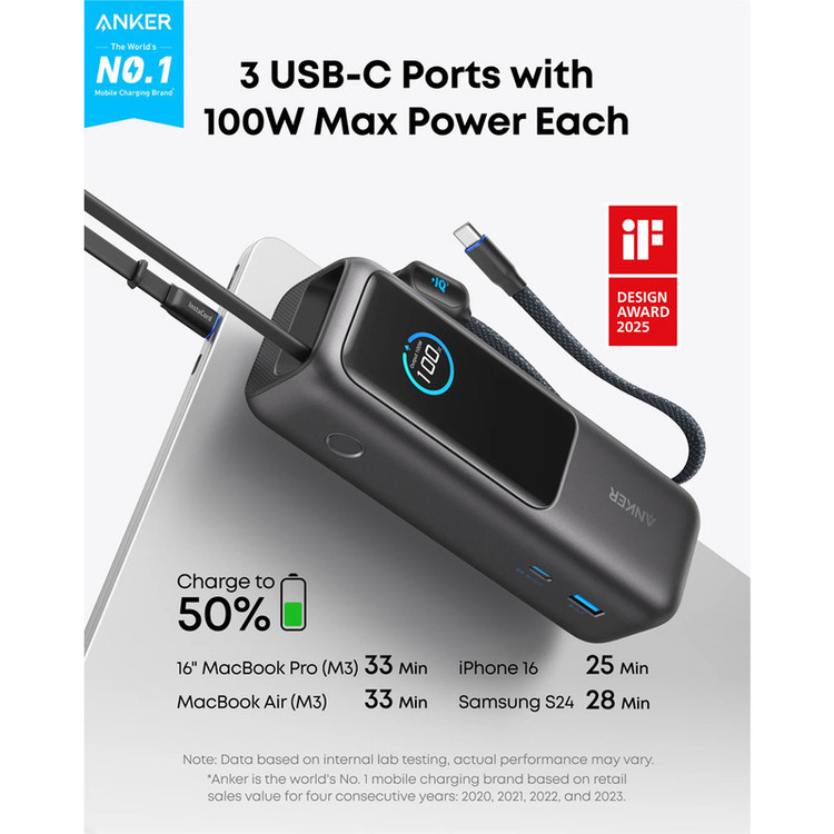 پاوربانک 100 وات انکر مدل A1695 ظرفیت 25000 میلی آمپر ساعت به همراه دو کابل USB-C